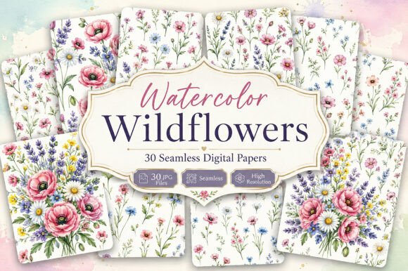 Download Watercolor Wildflowers Seamless Pattern - Seamless pattern Collection