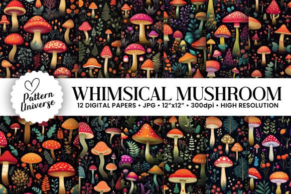 Download Whimsical Mushroom Pattern Digital Paper - Mushroom Collection
