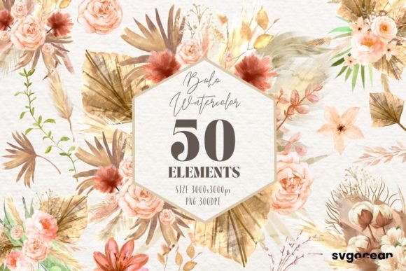 Download Boho Flowers Watercolor Clipart Bundle - Boho flowers Collection