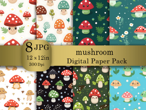 Download Cartoon Mushroom Digital Paper Pack - Mushroom Collection