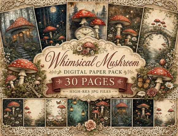 Download Whimsical Mushroom Digital Paper - Mushroom Collection