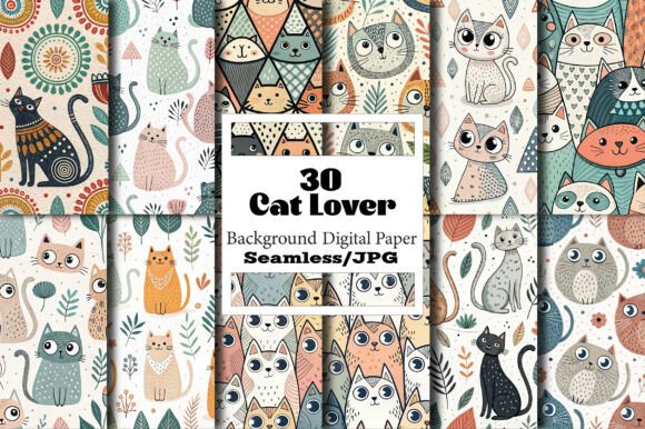 Download Cat Lover Seamless Patterns, Doodle Cats - Seamless pattern Collection