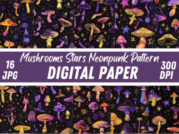 Download Neon Funky Fantasy Mushroom Star Pattern - Mushroom Collection