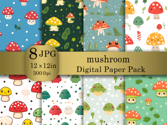 Download Cartoon Mushroom Digital Paper Pack - Mushroom Collection